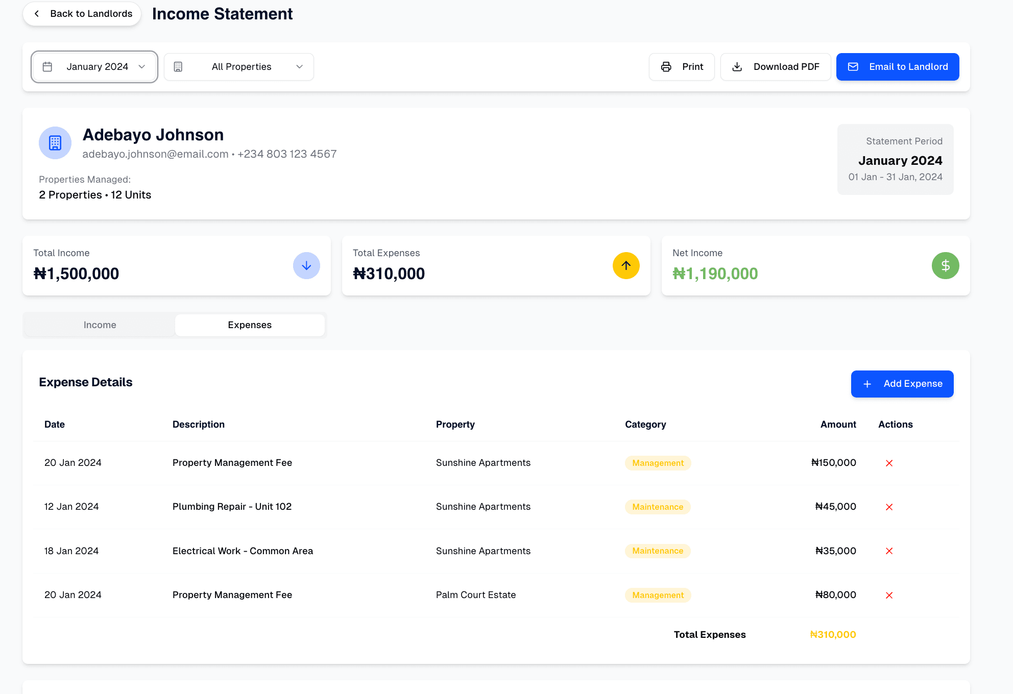 Landlord Income Statement