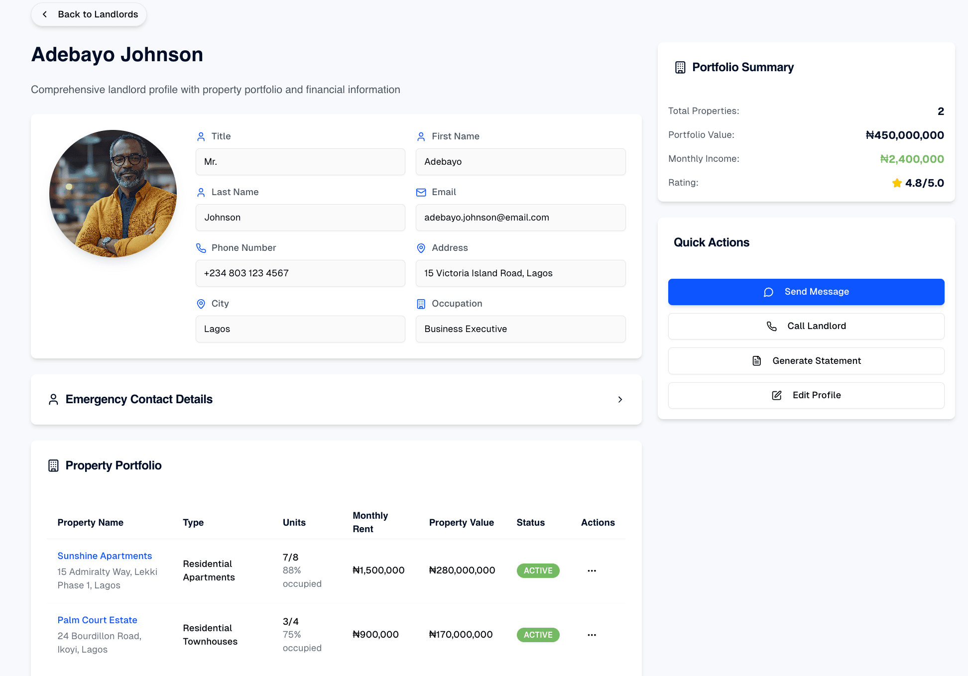 Landlord Profile Interface