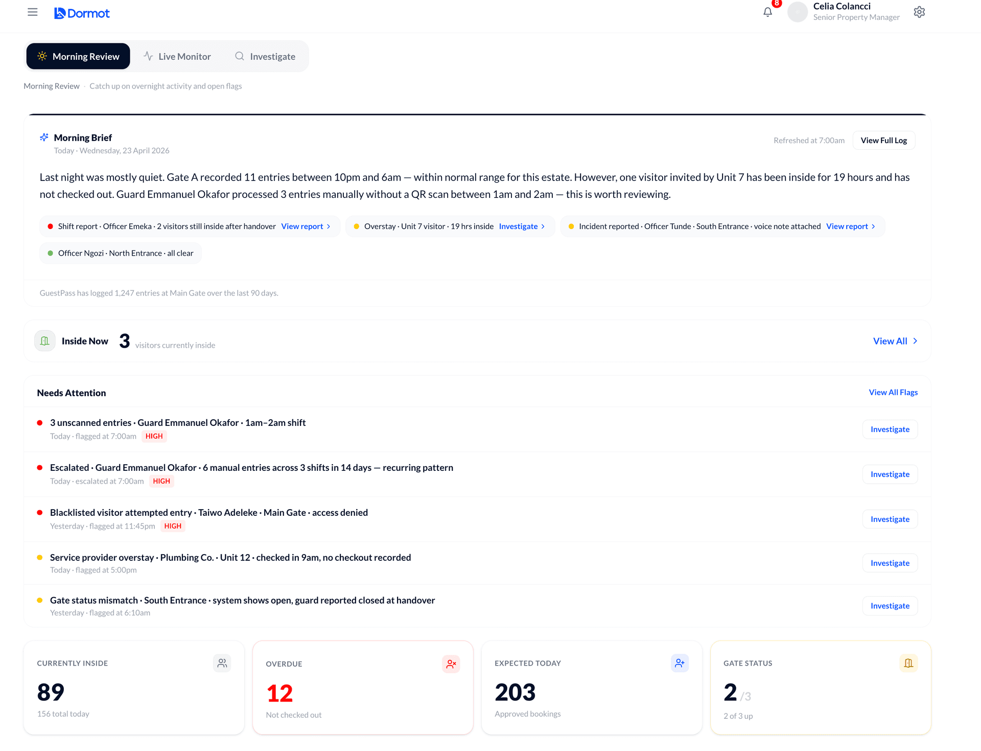 GuestPass Morning Review — AI-generated overnight brief, guard accountability flags and gate status