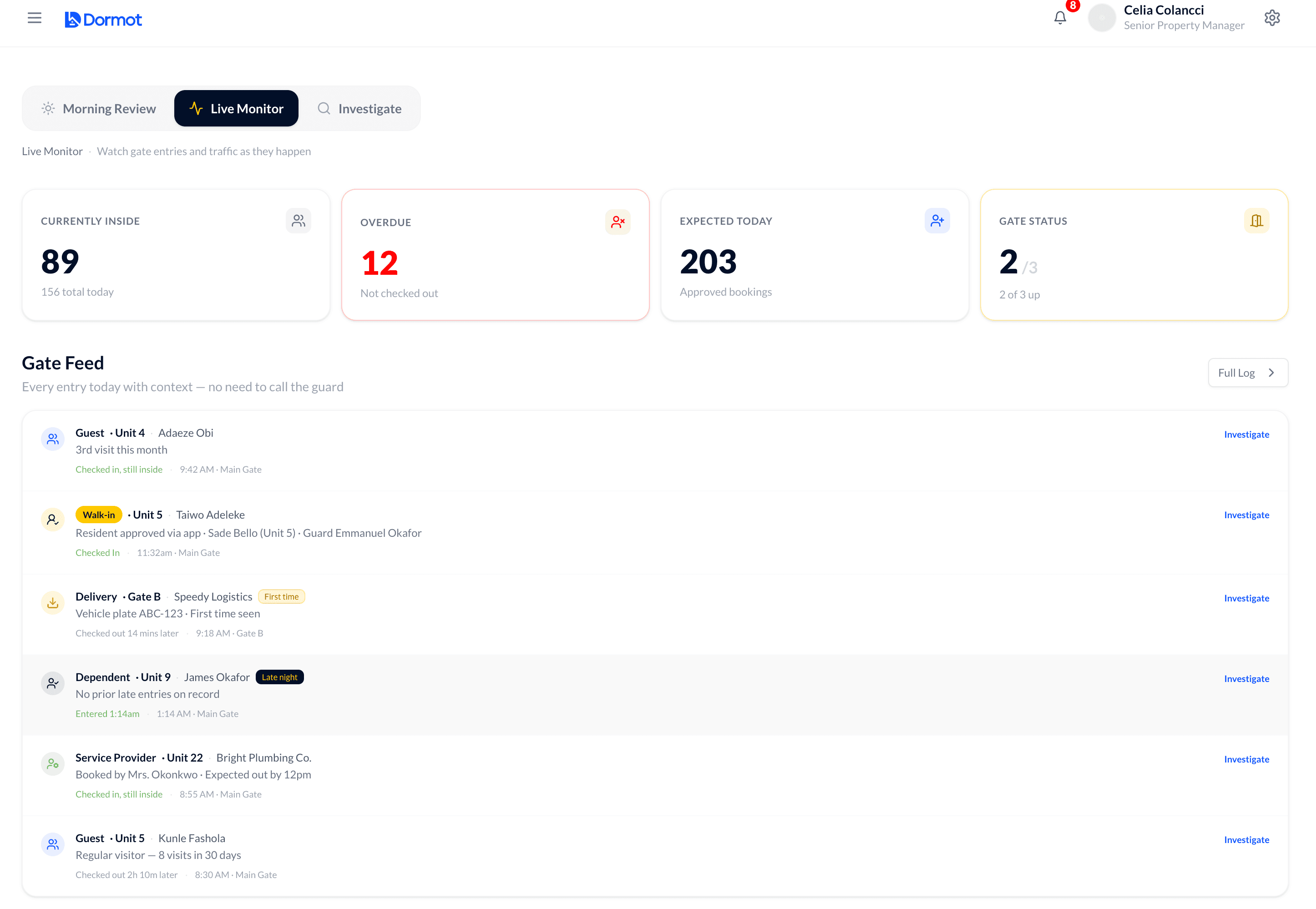 GuestPass Live Monitor — gate feed showing every entry in real time with visitor context, overdue alerts and gate status