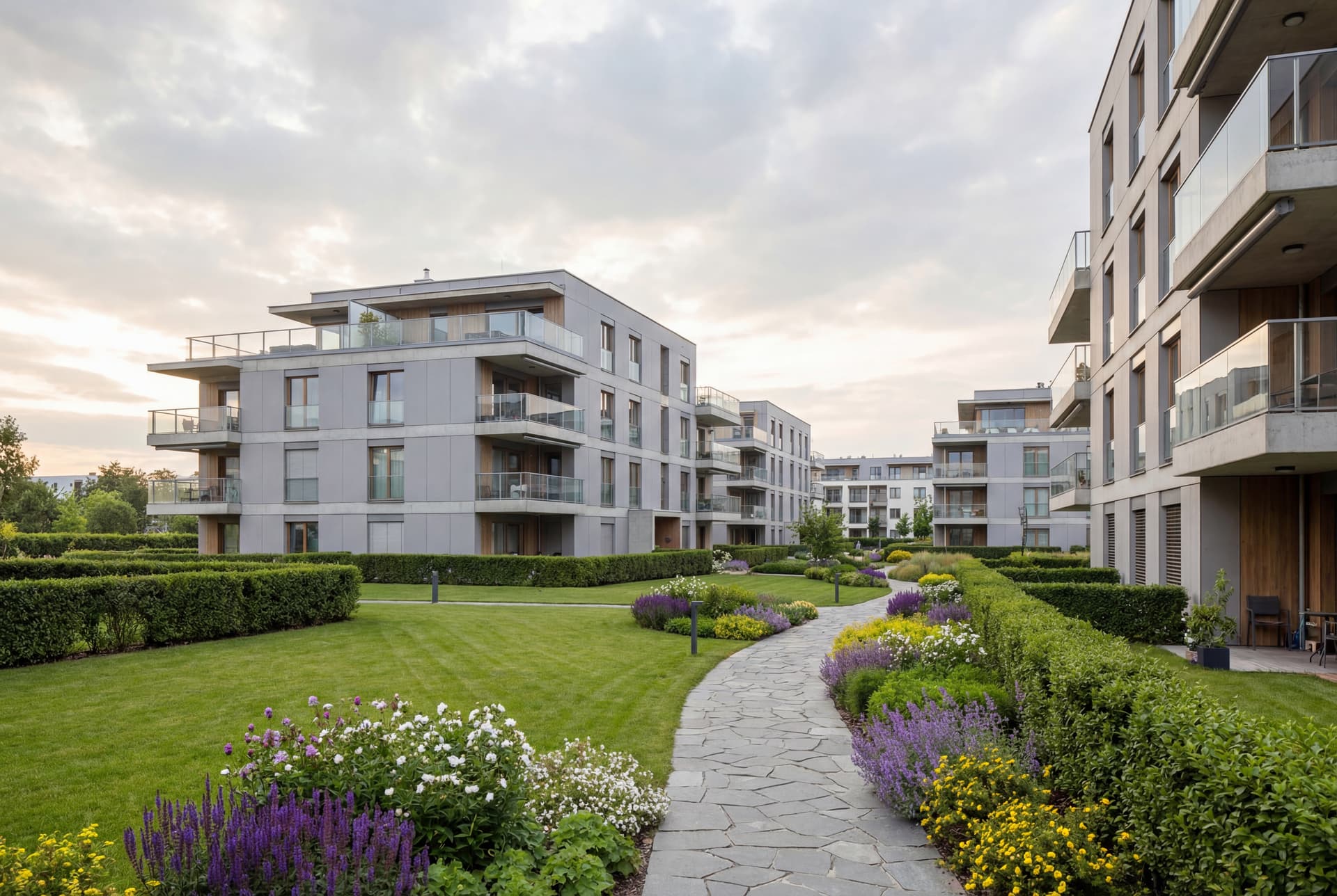 Modern residential apartment complex with landscaped gardens