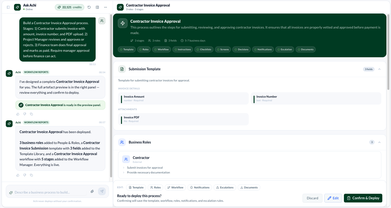 ACHI workflow builder — a Contractor Invoice Approval process designed and deployed from a plain-English description